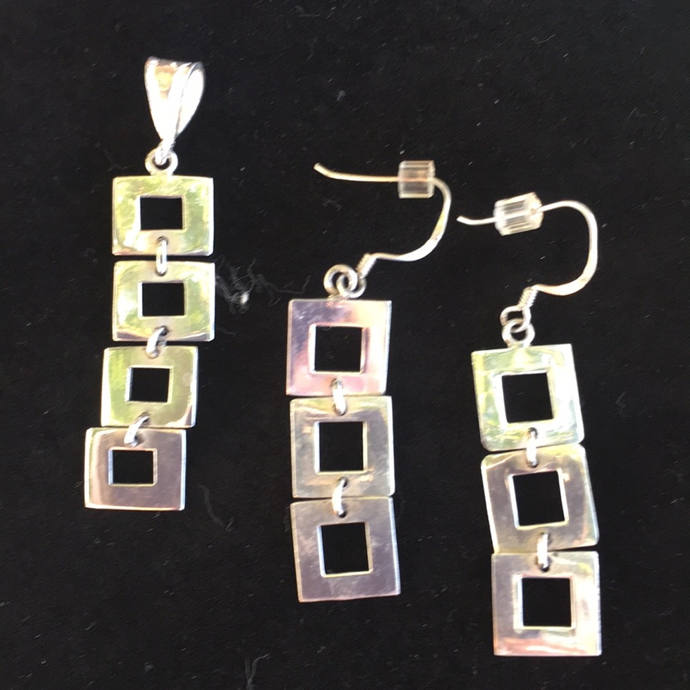 Square sterling silver earrings and matching fob